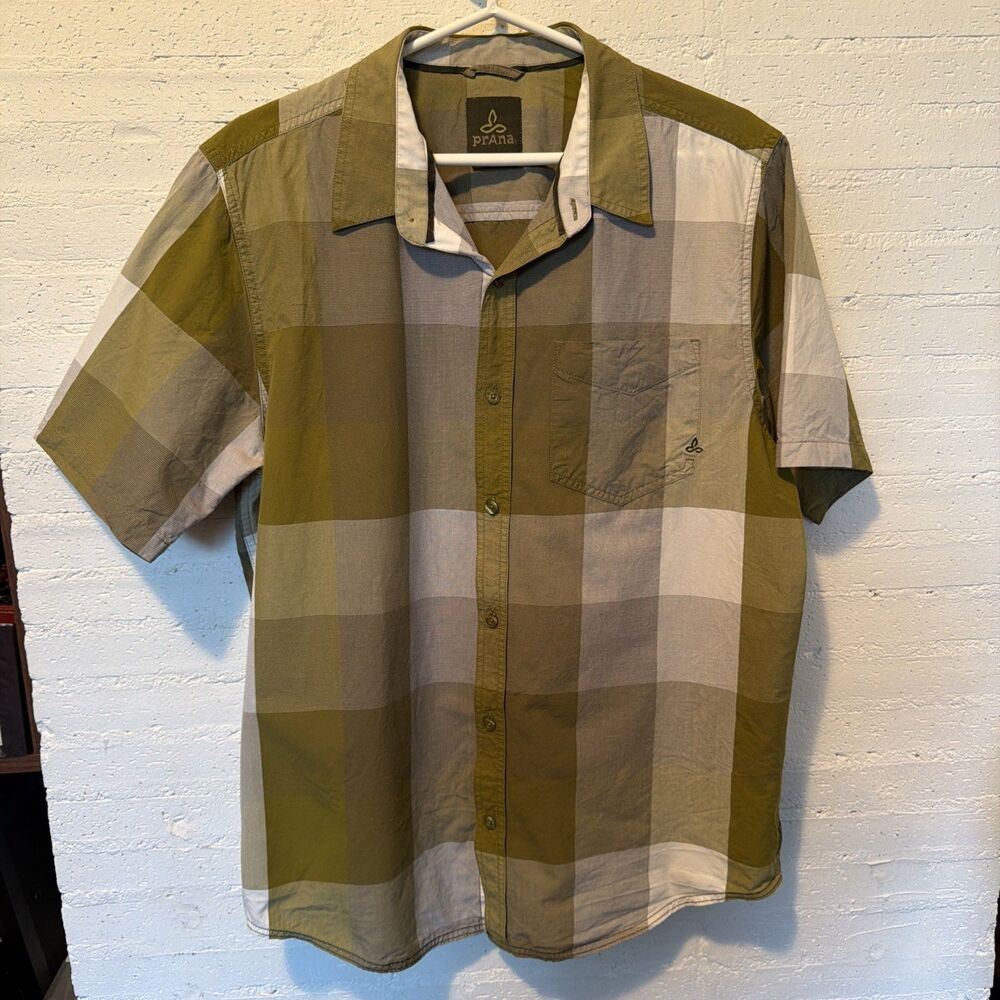 Prana Men's Short Sleeve Button-Down Organic Cotton Green Plaid Lg Outdoors